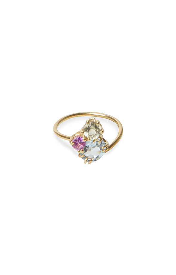 Gold ring ring set with lemon quartz, pink sapphire and blue topaz