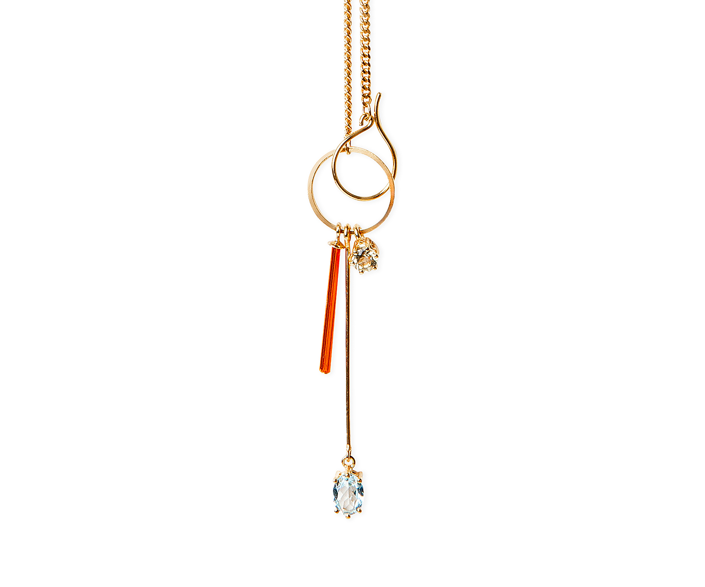 Gold necklace with neon orange crystal, blue topaz and lemon quartz.