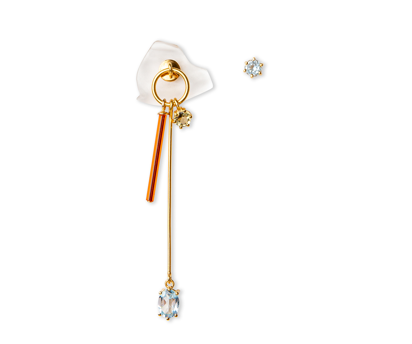 Long gold earring clear with neon fire orange vintage glass, blue topaz and lemon quartz.