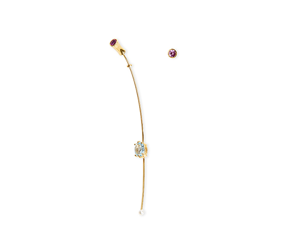 Long gold earring earrings with blue topaz, pink sapphire and fresh water pearl