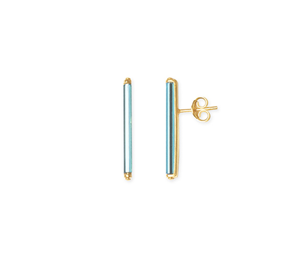 Bar minimalist earrings set with neon blue vintage glass