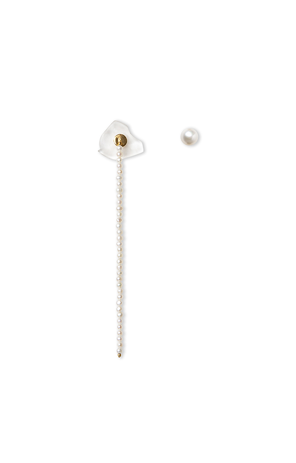 Long gold earrings with pearl chain and false dilation with transparent quartz