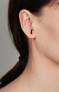 Black bar long gold earring