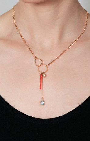 Gold necklace with neon orange crystal, blue topaz and lemon quartz