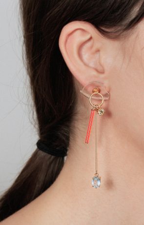 Long gold earring clear with neon fire orange vintage glass, blue topaz and lemon quartz.