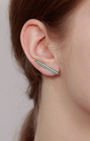 Bar minimalist earrings set with neon blue vintage glass
