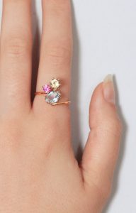 Gold ring ring set with lemon quartz, pink sapphire and blue topaz