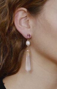 Long earring with amethyst, fresh water pearls and hand carved clear quartz