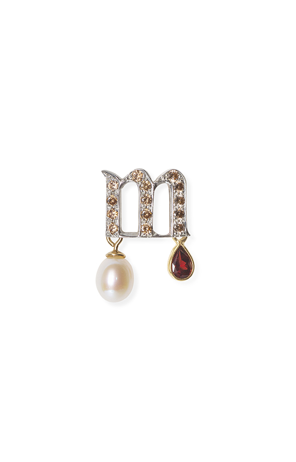 Letter M earring with zircons and pearl