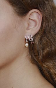 Letter M earring with zircons and pearl