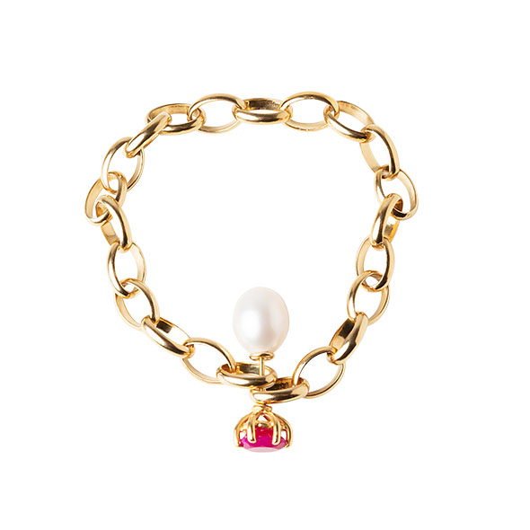 Pierced Chain Bracelet Pearl and Magenta